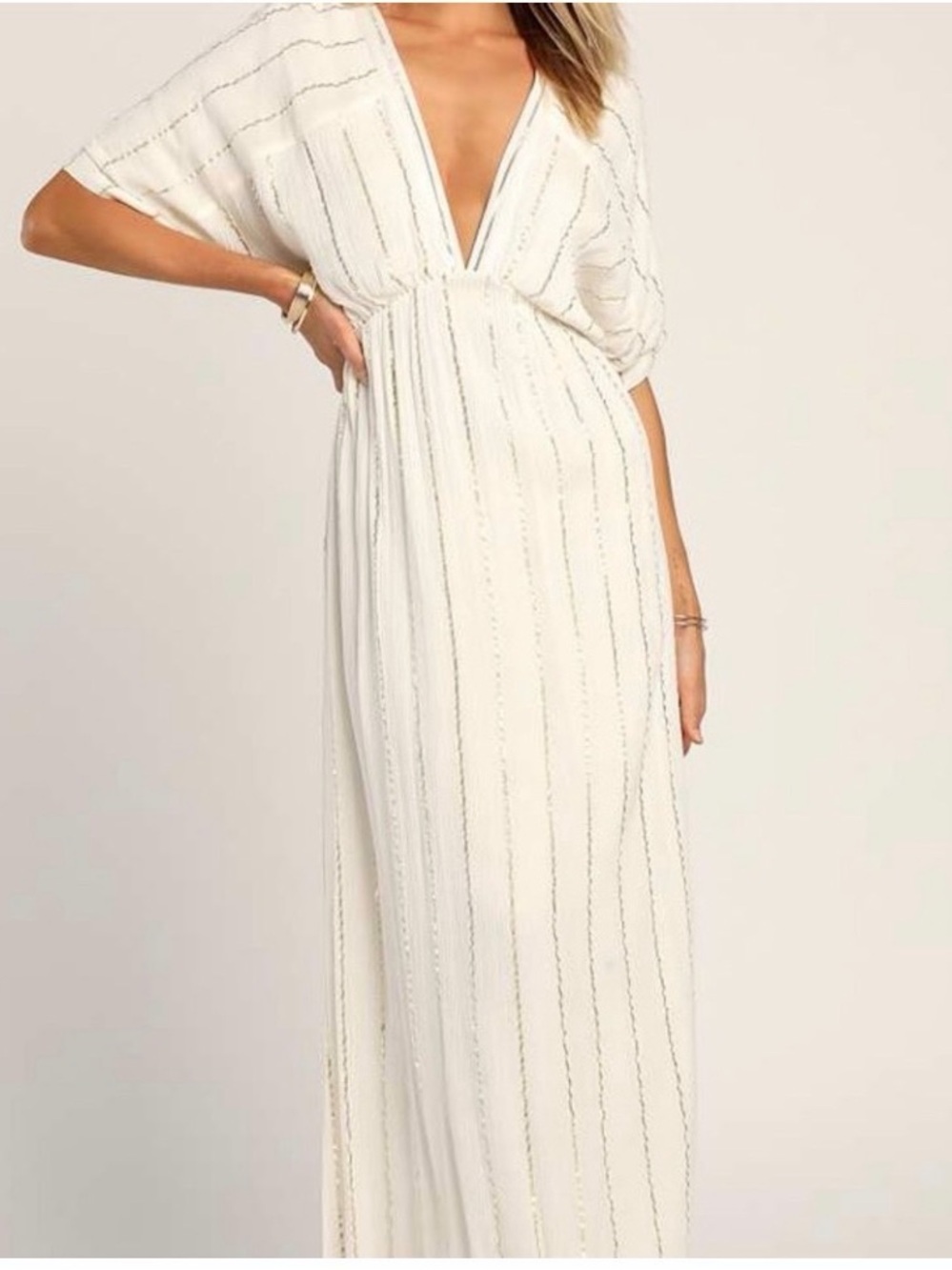 Lulu's Cream Maxi Dress with Metallic Stripe Detail